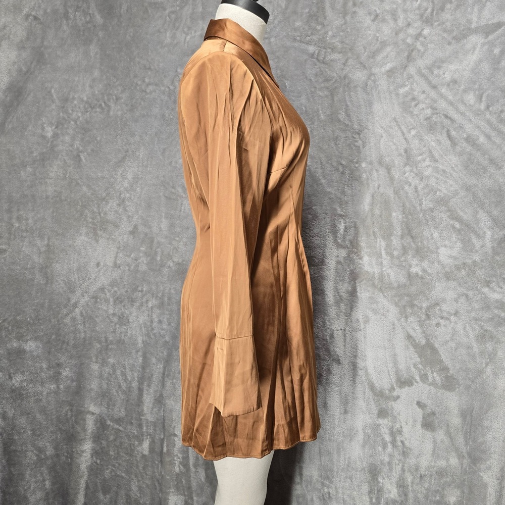 Abercrombie Fitch Gold Brown Mini Dress Satin Long Sleeves Button Front Medium - Picture 4 of 11